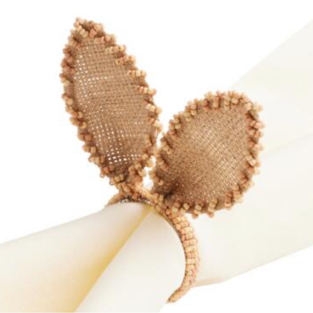 World Market Cane & Jute Beaded Bunny Ears Napkin Ring, set of 4